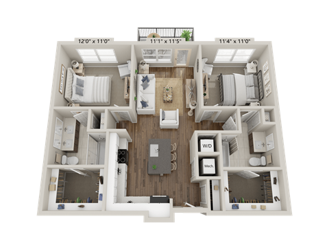 Floor plan for 2 beds, 2 baths, 1010 sqft